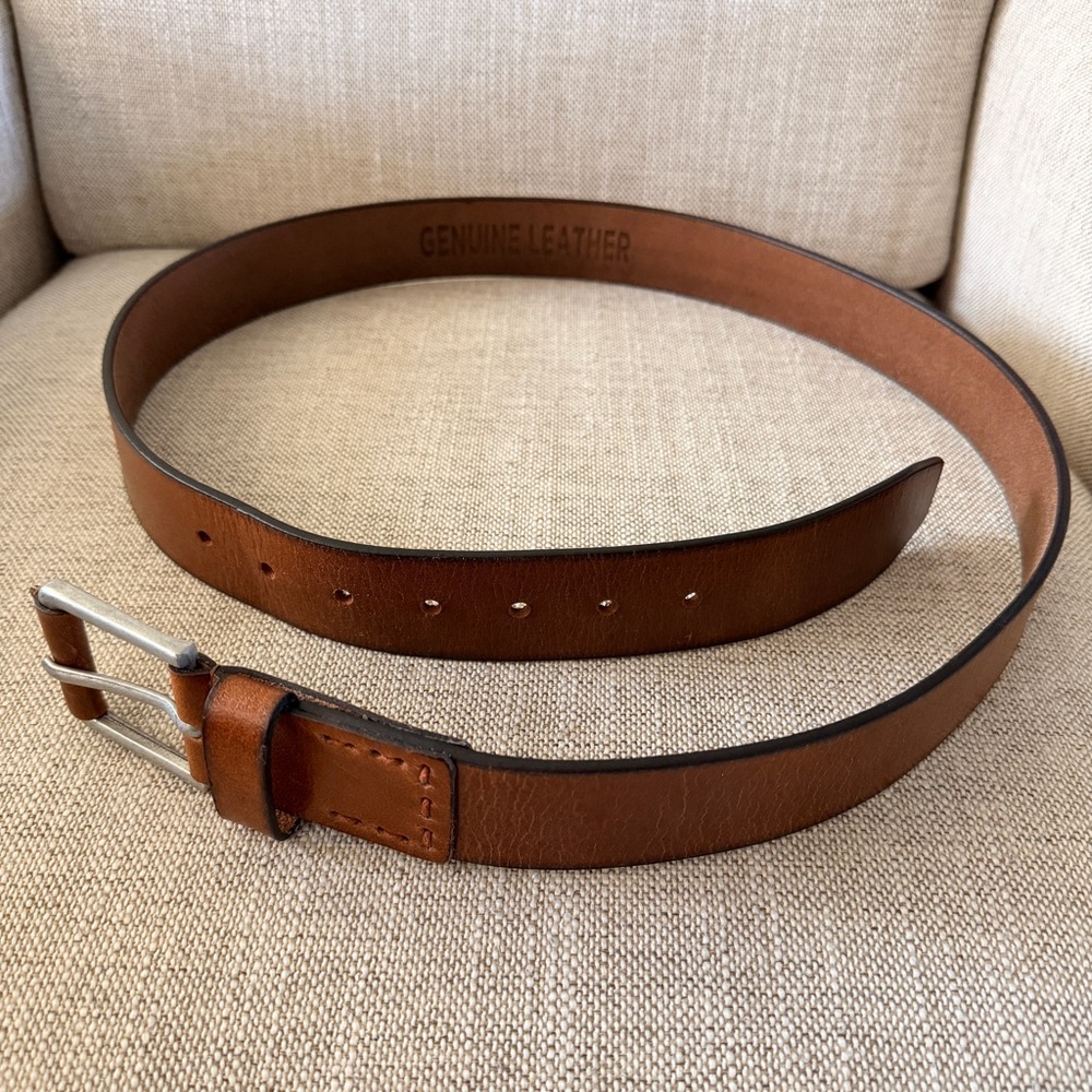 Men’s Cognac Brown Leather Belt Silver Buckle Size L 38-40 Classic - Picture 3 of 6